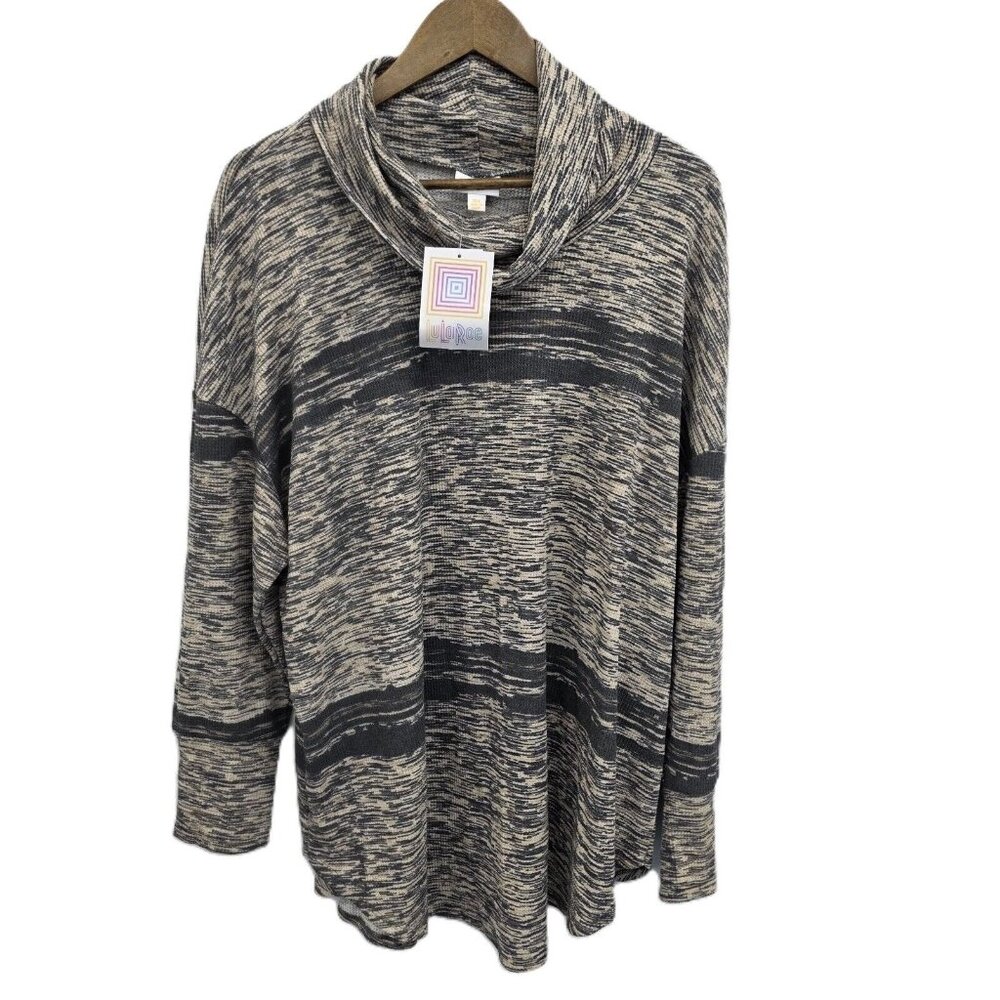 LuLaRoe Aubrey Cowl Neck Top Womens Plus 3XL Waffle Knit Tan Gray Variegated